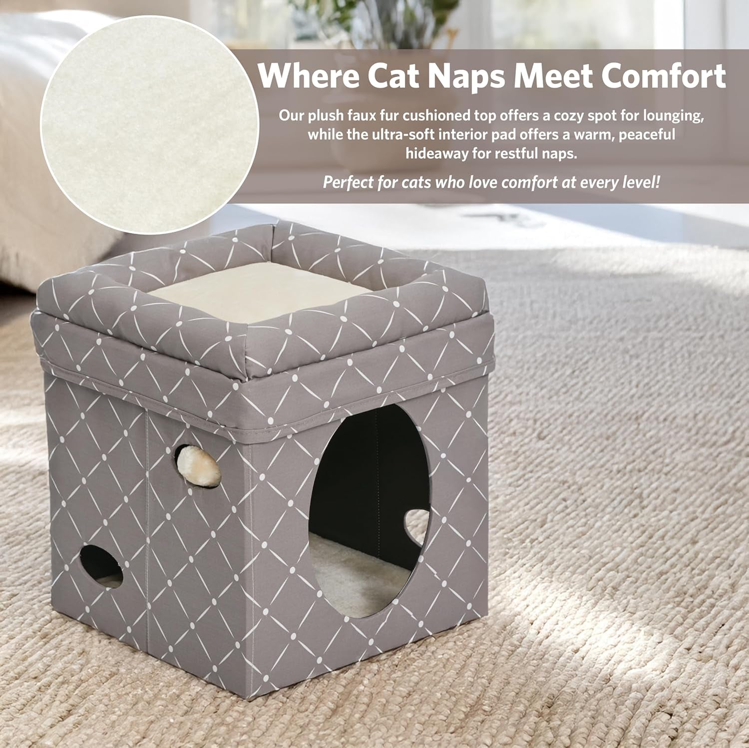 Cat Cube - Cat House/Cat Condo in Fashionable Mushroom Diamond Print, 15.5L X 15.5W X 16.5H Inches